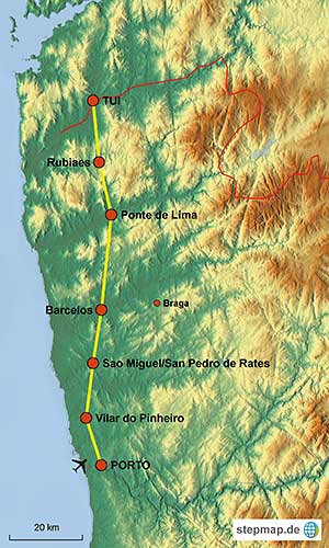 Karte der Strecke von Porto bis Tui