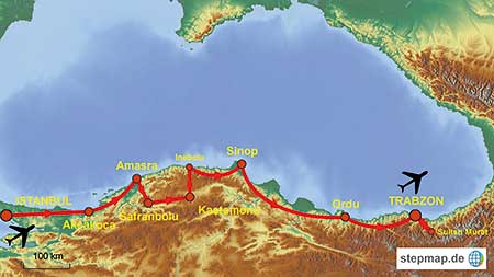 Karte des Streckenverlaufs der Rundreise von Istanbul bis Trabzon am Schwarzen Meer in der Türkei